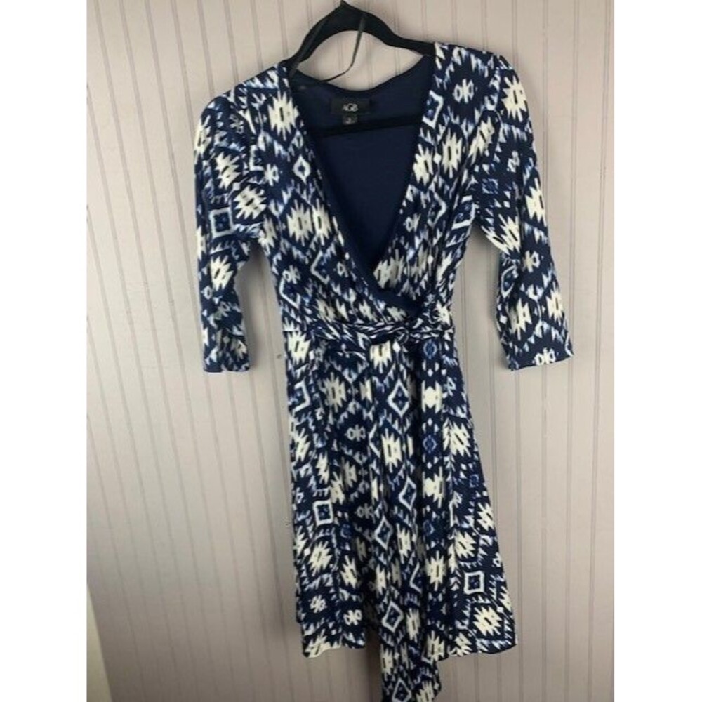 AGB Size S Womens Dress Blue Print Fit N Flare Knee Length Tie Belt 3/4 Sleeve